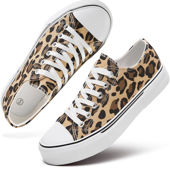 Shoes - Leopard Print Canvas Low Top Sneakers, Size 8